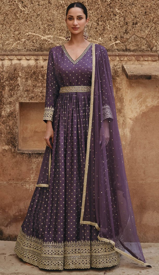 Purple Viscose Silk Embroidery Work Anarkali Salwar Kameez – 8521182887