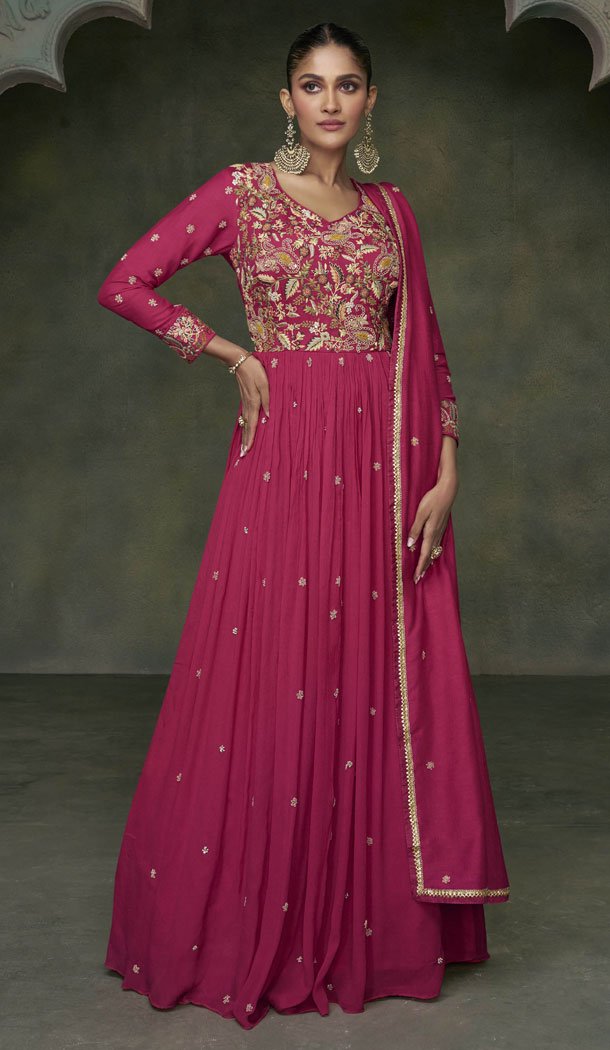 Premium Silk Embroidery Work Rani Pink Anarkali Gown Dresses – 8556183032