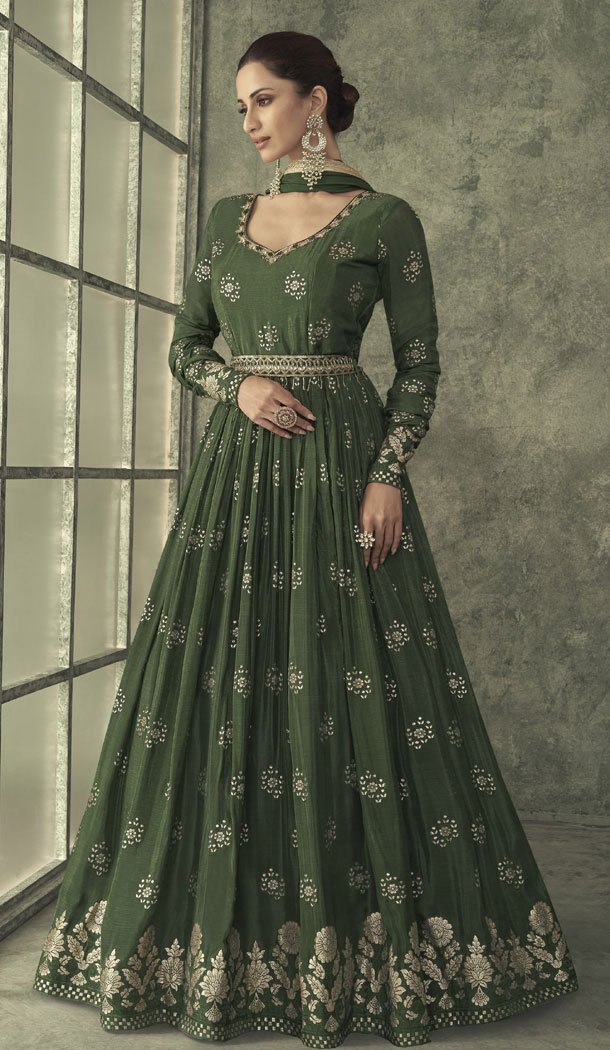 Mehendi Green Foil Print Work Viscose Silk Anarkali Gown Dress – 8557183033