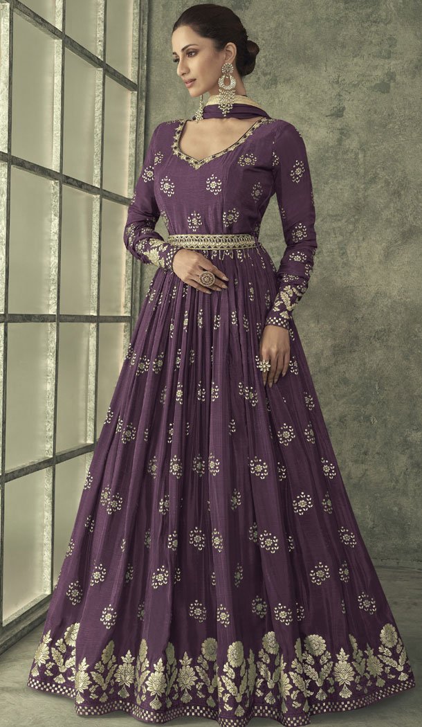 Purple Foil Print Work Viscose Silk Anarkali Gown Dress – 8557183034