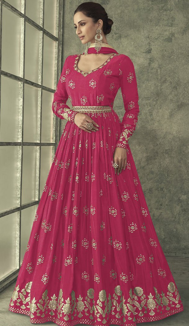 Pink Foil Print Work Viscose Silk Anarkali Gown Dress – 8557183035