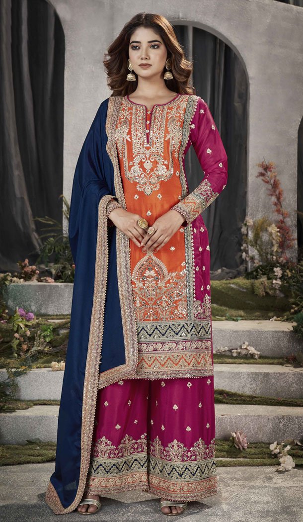 Pure Chinon Real Mirror Work Orange Designer Palazzo Salwar Suit – 8592183197