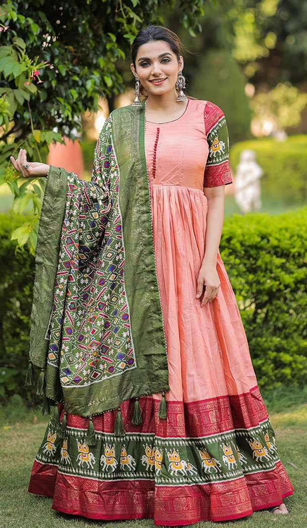 Patola With Foil Print Work Dola Silk Peach Color Gown Suit – 8598183225