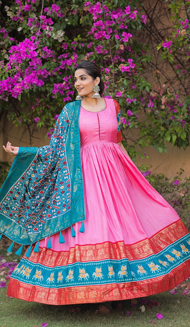 Patola With Foil Print Work Dola Silk Pink Color Gown Suit – 8598183226