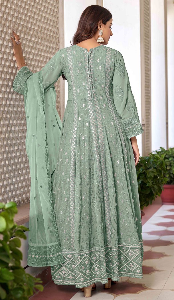 Sea Green Faux Georgette Embroidery Work Designer Salwar Kameez – 8601183232