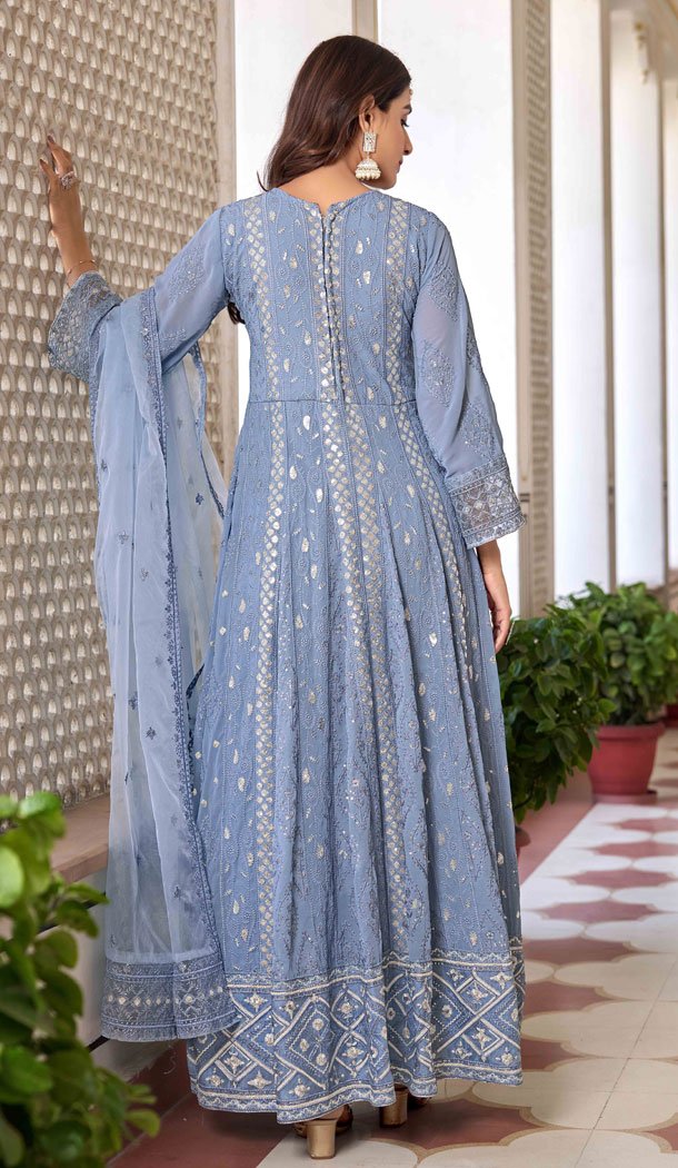 Blue Faux Georgette Embroidery Work Designer Salwar Kameez – 8601183236