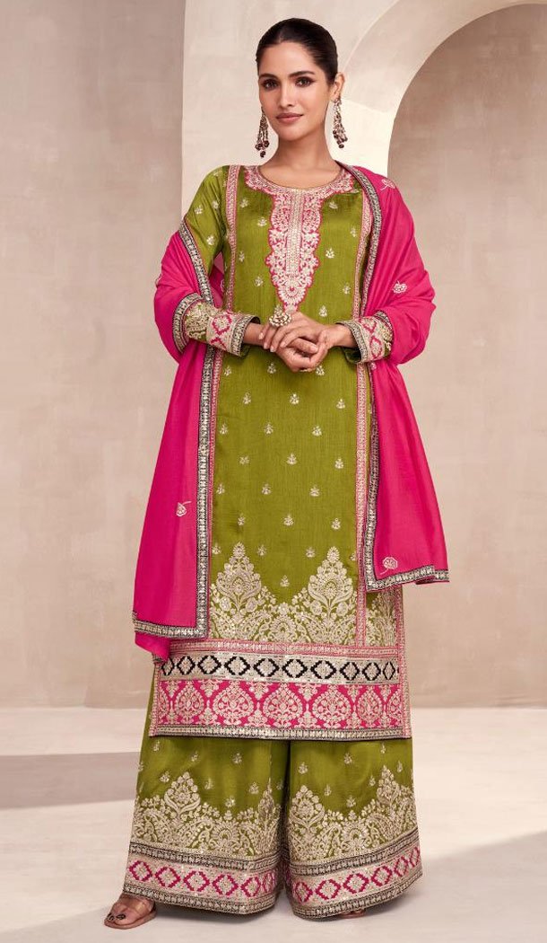 Premium Silk Olive Green Color Embroidery Work Palazzo Suit – 8611183282