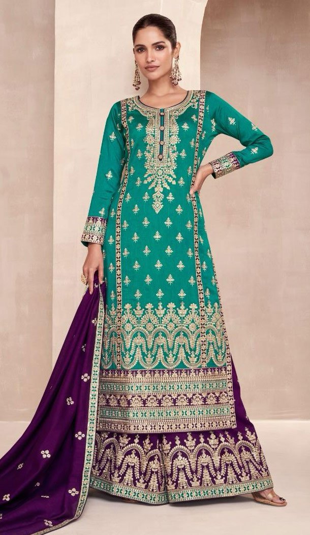 Premium Silk Rama Blue Color Embroidery Work Palazzo Suit – 8611183283