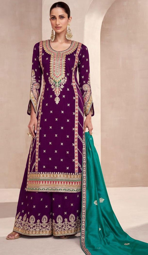 Premium Silk Purple Color Embroidery Work Palazzo Suit – 8611183285