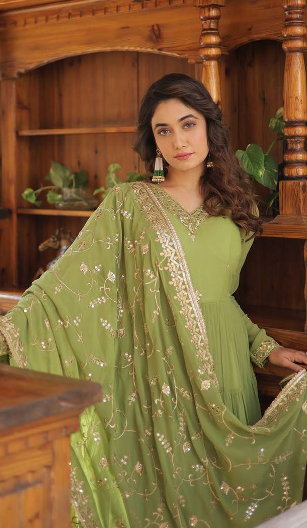 Pista Green Faux Georgette Embroidered Readymade Gown Suit – 8694183730