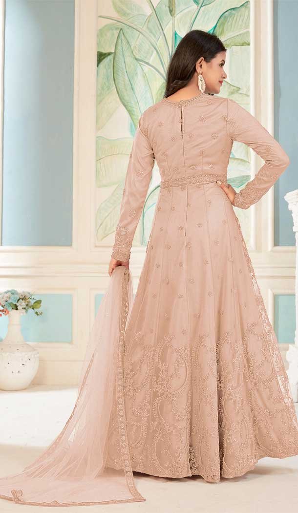 Net Embroidered Work Pakistani Anarkali Salwar Suit in Peach -8741183976