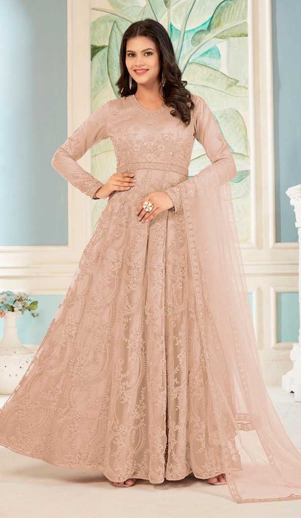 Net Embroidered Work Pakistani Anarkali Salwar Suit in Peach -8741183976