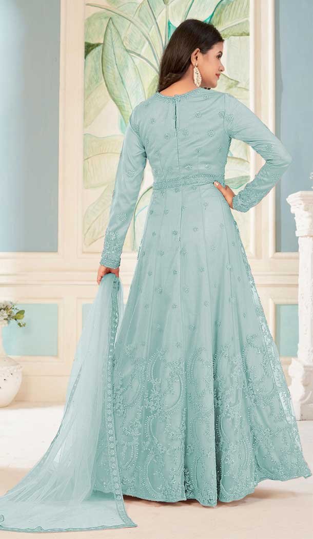 Net Embroidered Work Pakistani Anarkali Salwar Suit in Sky Blue -8741183977