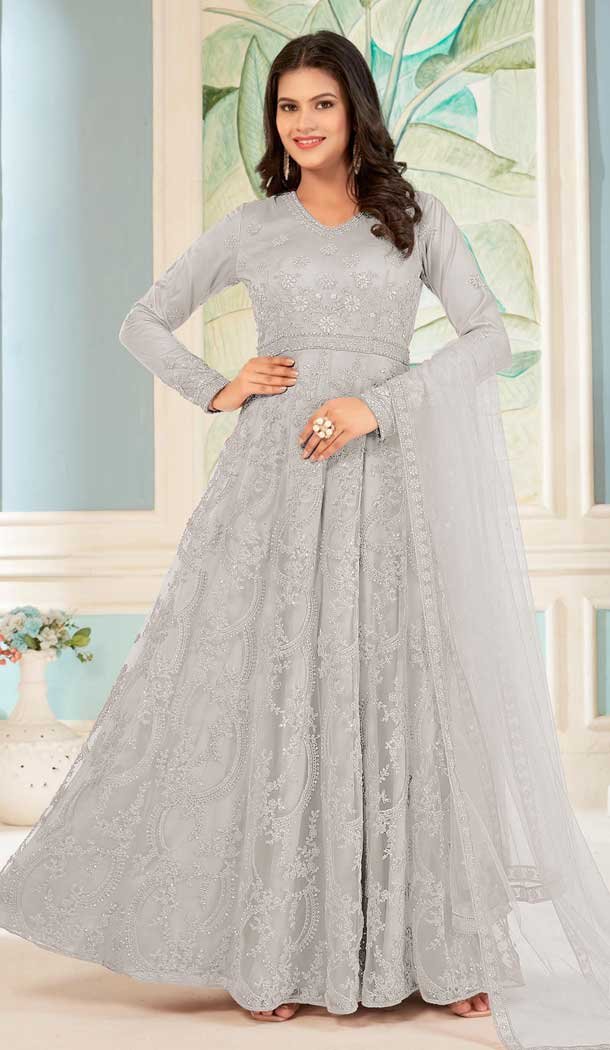 Net Embroidered Work Pakistani Anarkali Salwar Suit in Light Grey -8741183978