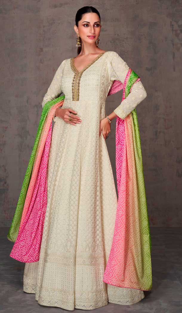 Georgette Embroidered Work Pakistani Anarkali Salwar Suit in Beige -8742183980