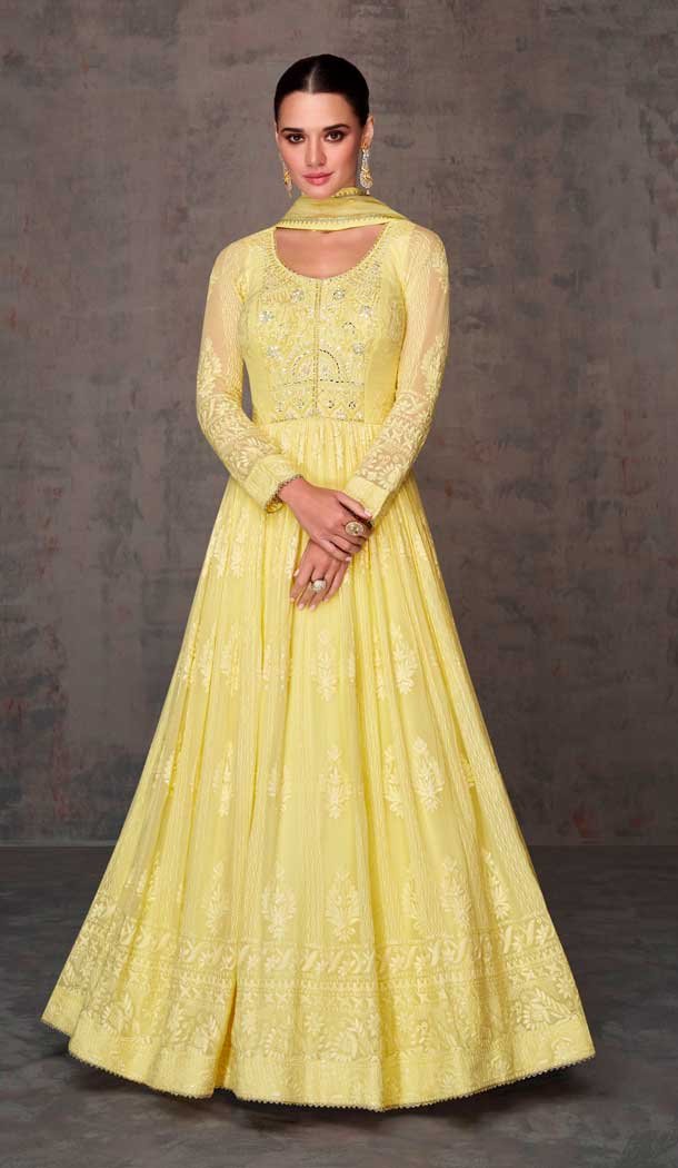 Georgette Embroidered Work Pakistani Anarkali Salwar Suit in Yellow -8742183981