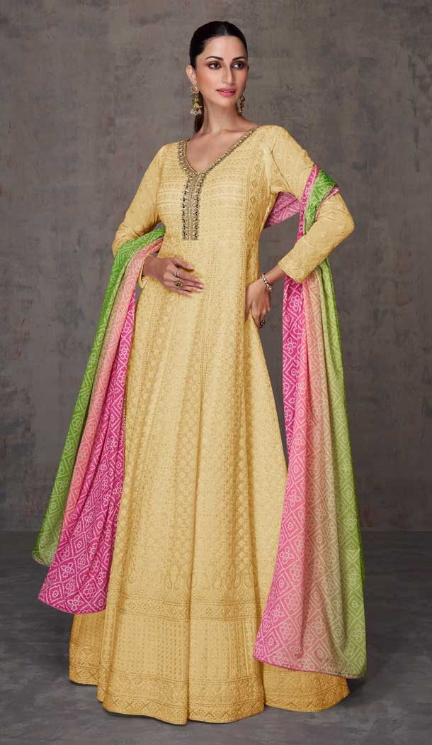 Georgette Embroidery Work Anarkali Salwar Suit in Yellow -8761184056