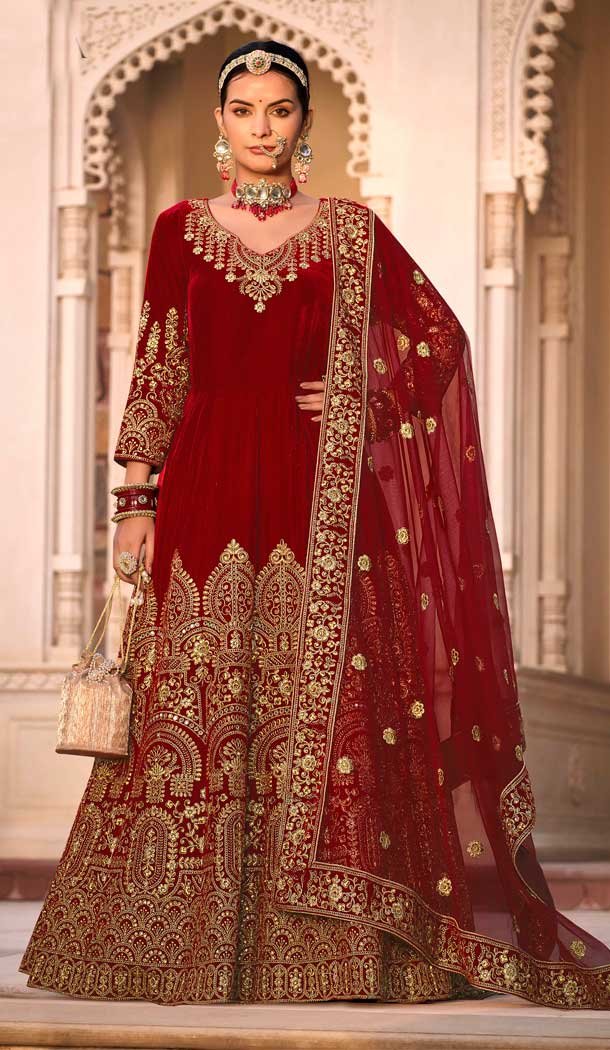 Velvet Embroidery Work Designer Pakistani Salwar Suit in Maroon -8837184420