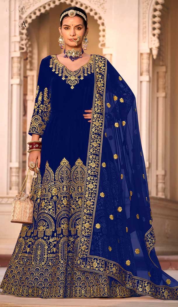 Velvet Embroidery Work Designer Pakistani Salwar Suit in Royal Blue -8837184421