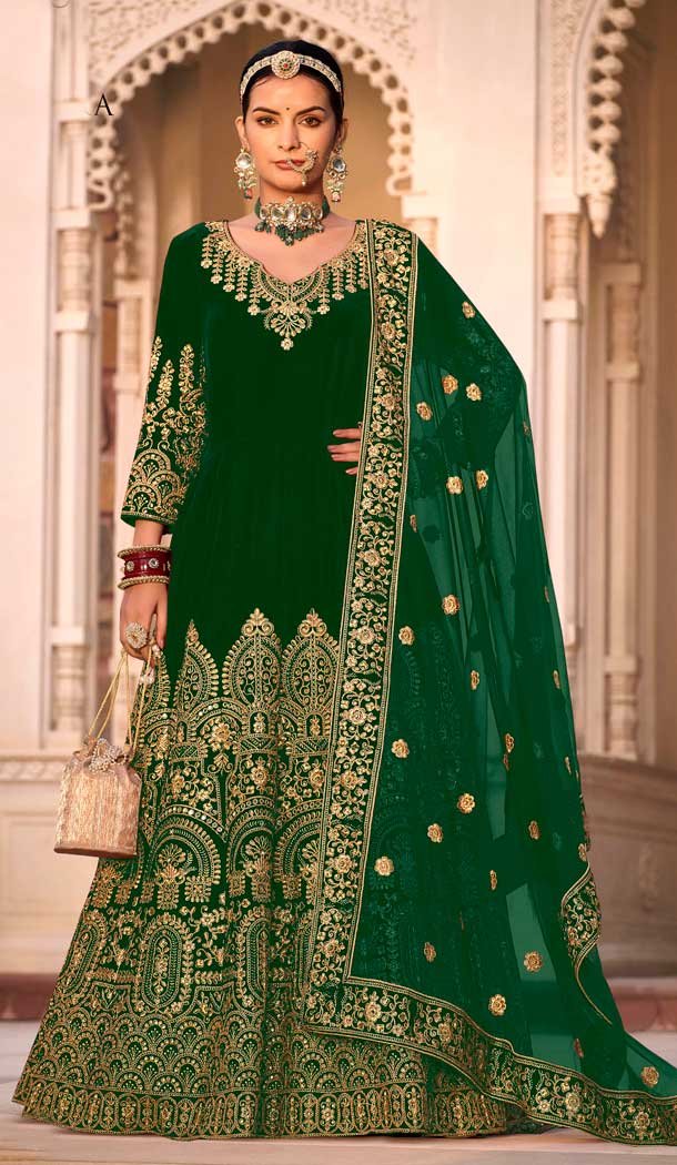 Velvet Embroidery Work Designer Pakistani Salwar Suit in Green -8837184422