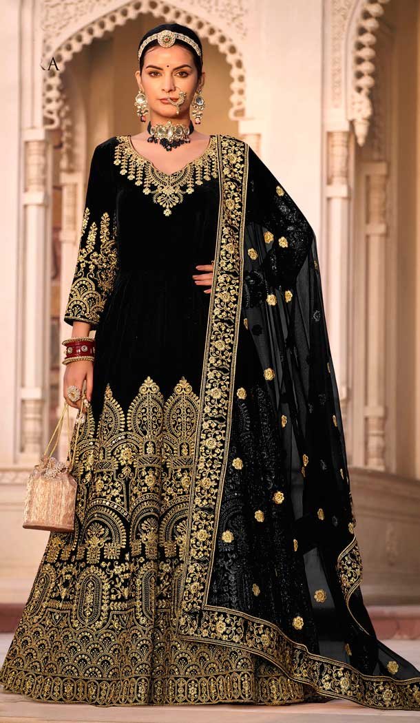 Velvet Embroidery Work Designer Pakistani Salwar Suit in Black -8837184423