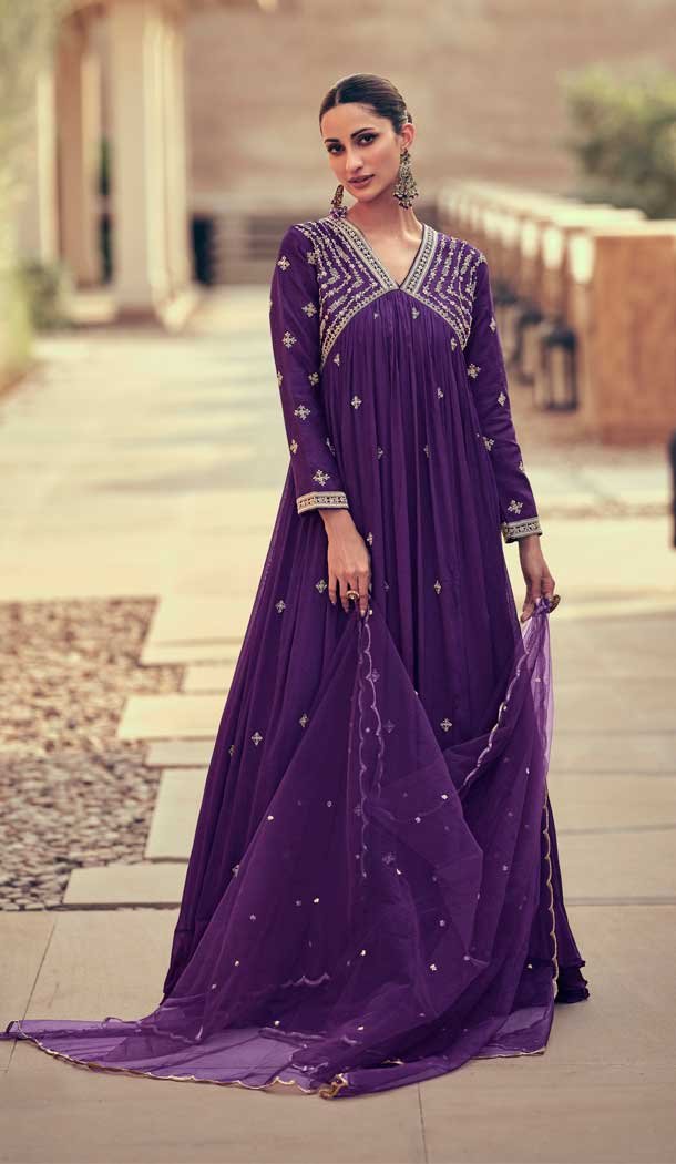 Embroidery Work Chinon Silk Party Wear Gown Suit in Purple -8877184620