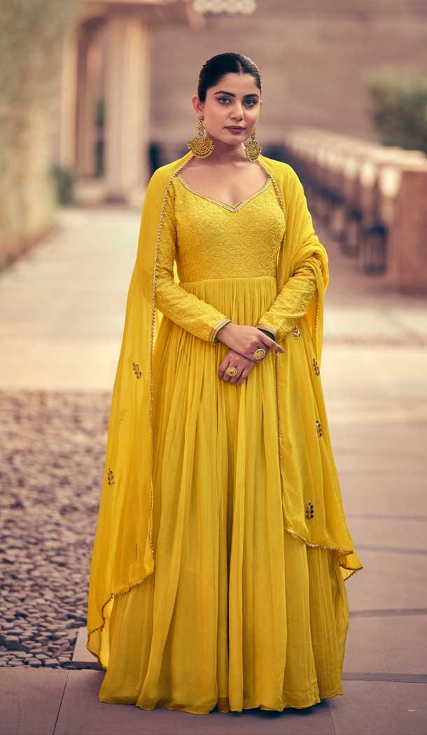 Embroidery Work Georgette Party Wear Gown Suit in Yellow -8877184621