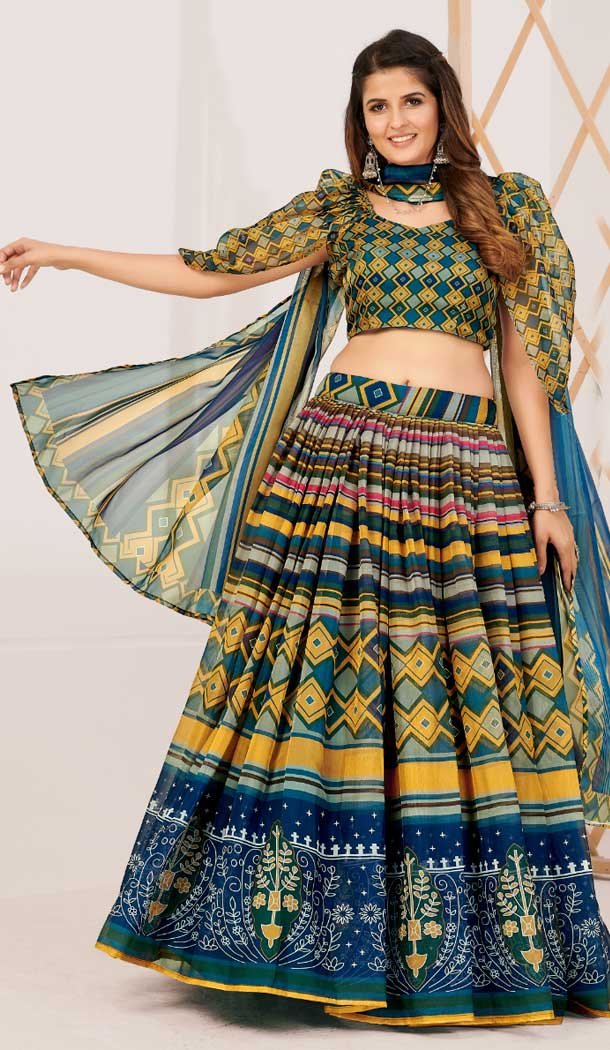 Multi Color Print Work Silk Gujarati Garba Navratri Lehenga Chaniya Choli -8911184774