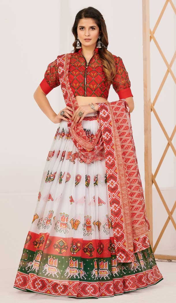 Print Work Silk Gujarati Garba Navratri Lehenga Chaniya Choli in Red -8911184775