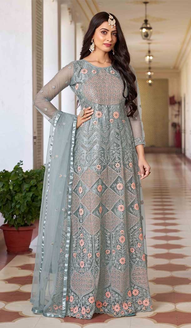 Butterfly Net Embroidery Work Anarkali Salwar Suit in Aqua Grey -8946184951