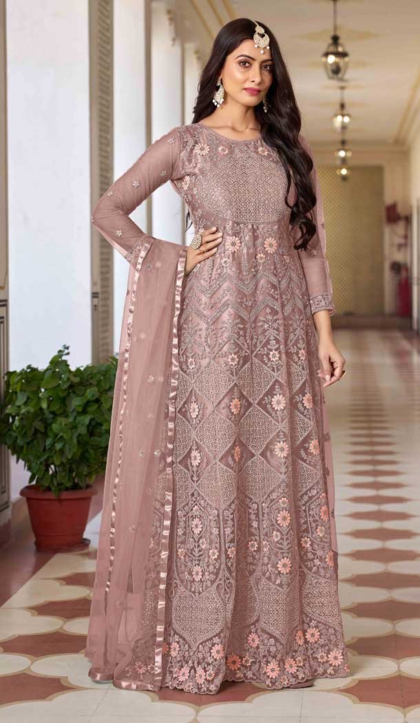 Butterfly Net Embroidery Work Anarkali Salwar Suit in Peach -8946184952