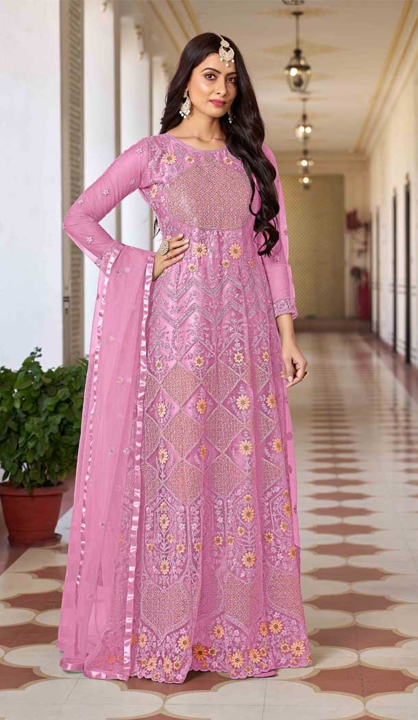 Butterfly Net Embroidery Work Anarkali Salwar Suit in Pink -8946184953