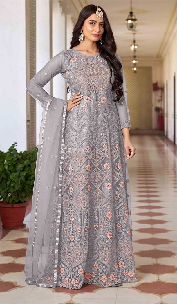 Butterfly Net Embroidery Work Anarkali Salwar Suit in Grey -8946184954