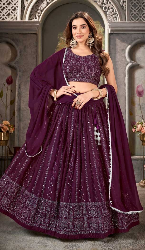 Pure Georgette Heavy Embroidery Work Designer Lehenga in Wine -8951184977