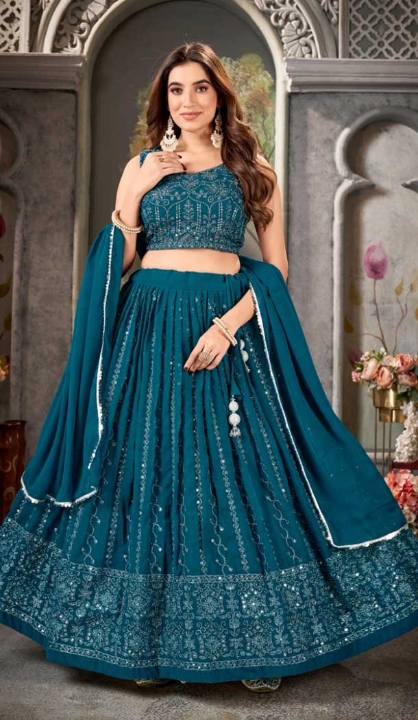 Pure Georgette Heavy Embroidery Work Designer Lehenga in Teal Blue -8951184978