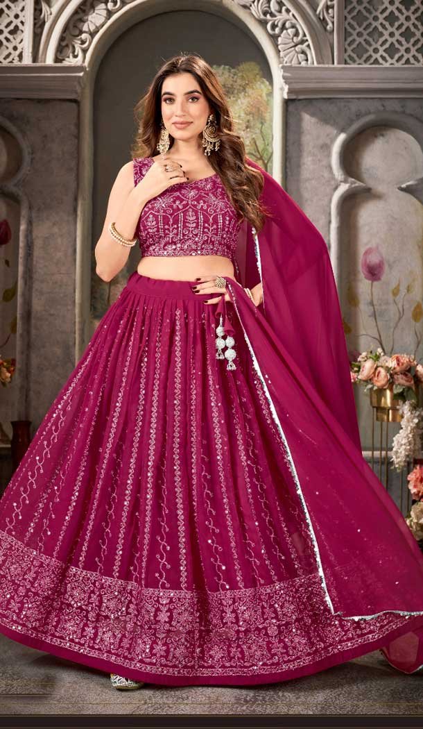 Pure Georgette Heavy Embroidery Work Designer Lehenga in Rani Pink -8951184979