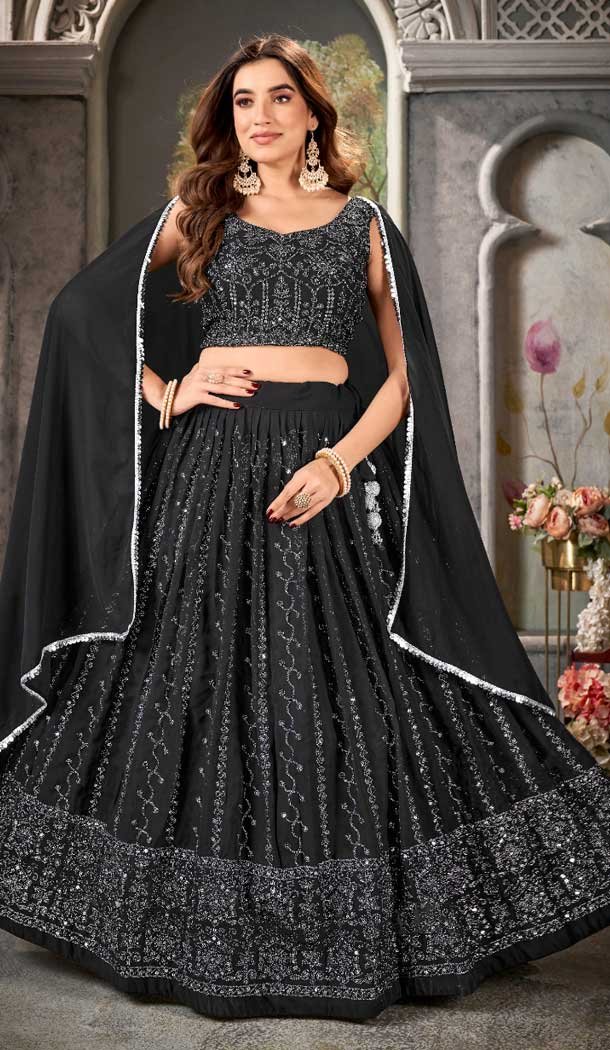 Pure Georgette Heavy Embroidery Work Designer Lehenga in Black -8951184980