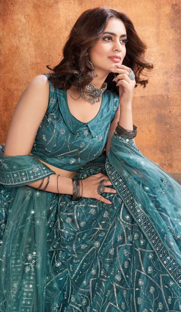 Teal Blue Color Soft Net Sequence Work Designer Lehenga Choli -8966185039