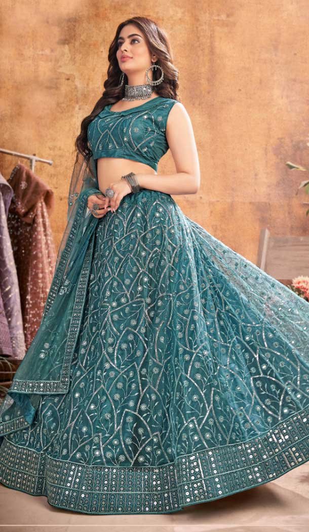 Teal Blue Color Soft Net Sequence Work Designer Lehenga Choli -8966185039