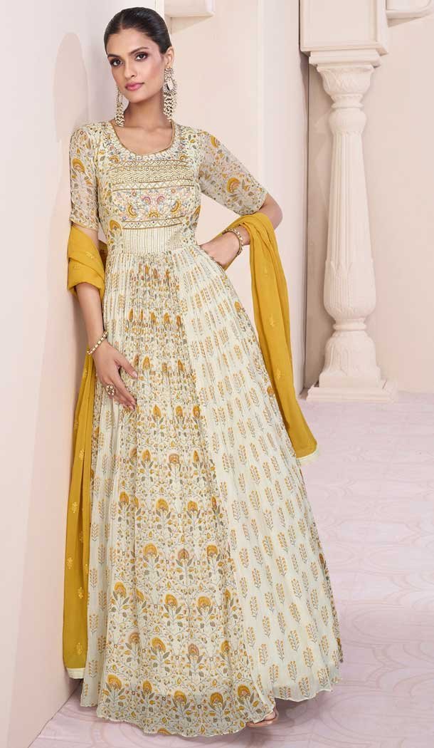 Georgette Cream Color Embroidery Work Anarkali Salwar Suit -8997185169