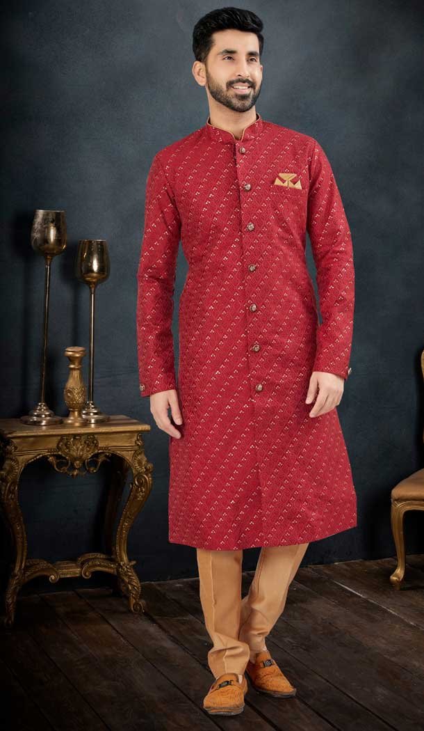 Jacquard Maroon Color Men’s Wear Indo Western Sherwani -9010185224