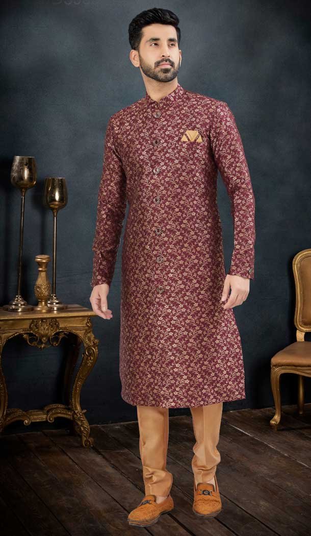 Jacquard Wine Color Men’s Wear Indo Western Sherwani -9010185225