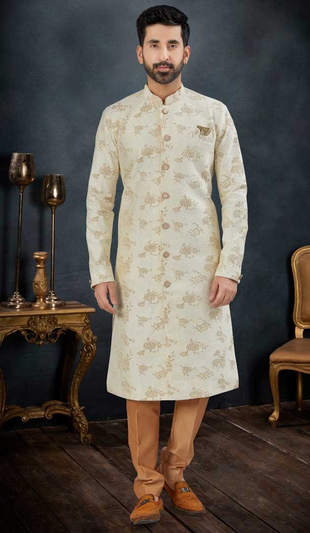 Jacquard Gold Color Men’s Wear Indo Western Sherwani -9010185226