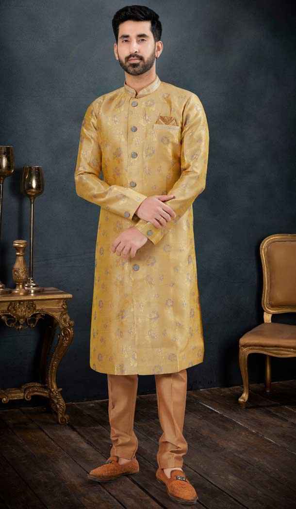 Gold Color Jacquard Men’s Wear Indo Western Sherwani -9010185227