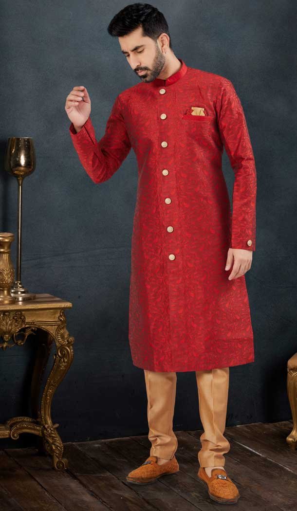 Maroon Color Jacquard Men’s Wear Indo Western Sherwani -9010185229