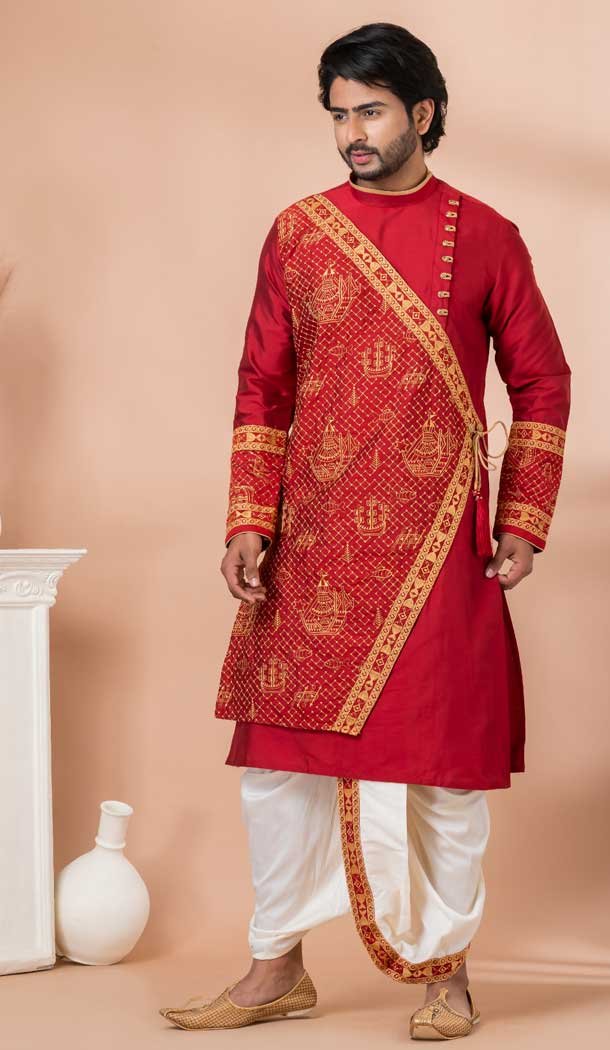 Viscose Embroidery Work Designer Men’s Wear Kurta in Red -9020185275