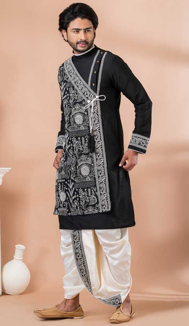 Viscose Embroidery Work Designer Men’s Wear Kurta in Black -9020185276