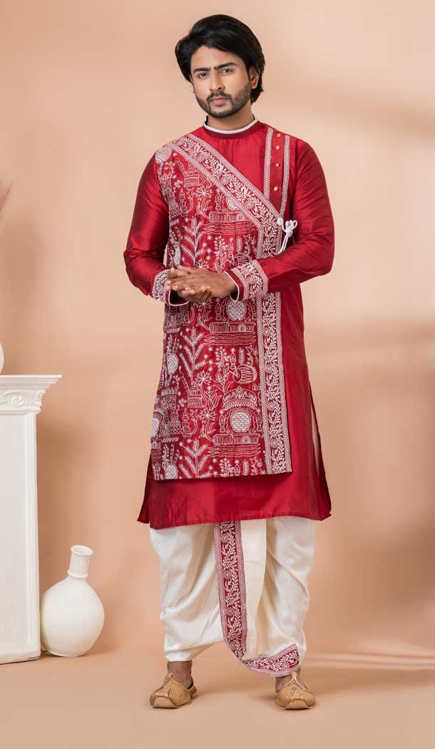 Red Viscose Embroidery Work Designer Men’s Wear Kurta -9020185277