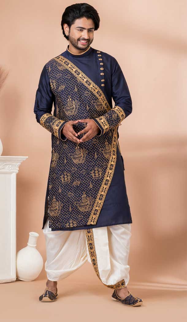 Viscose Embroidery Work Designer Men’s Wear Kurta in Navy Blue -9020185278