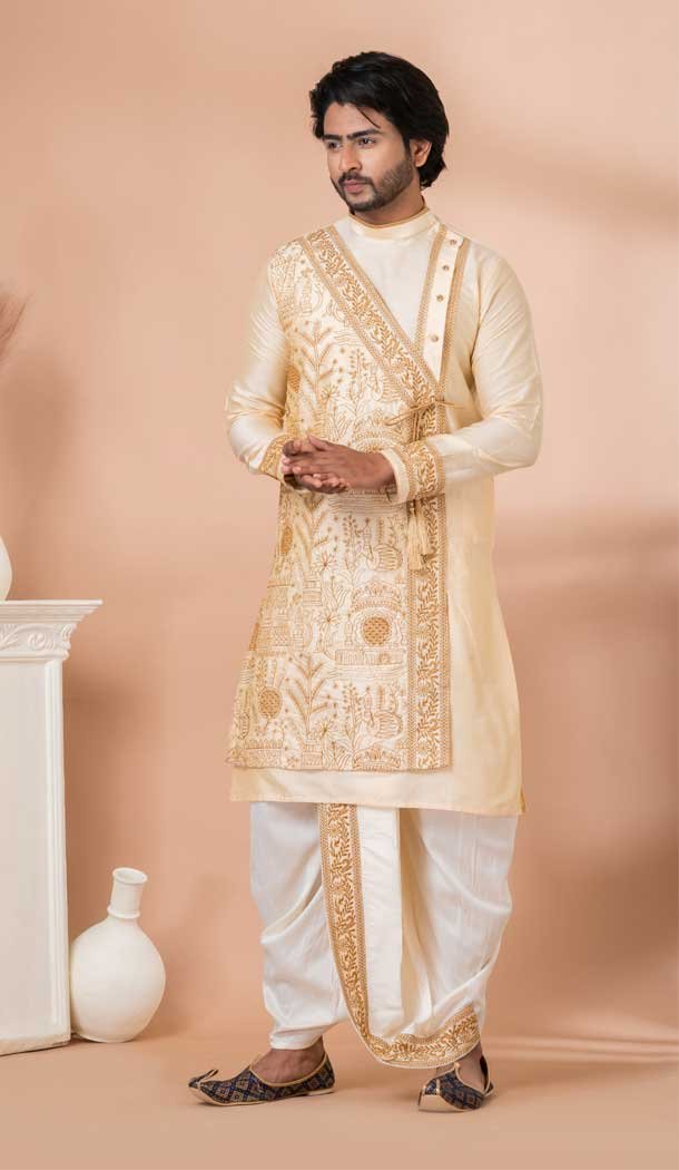 Viscose Embroidery Work Designer Men’s Wear Kurta in Golden -9020185279